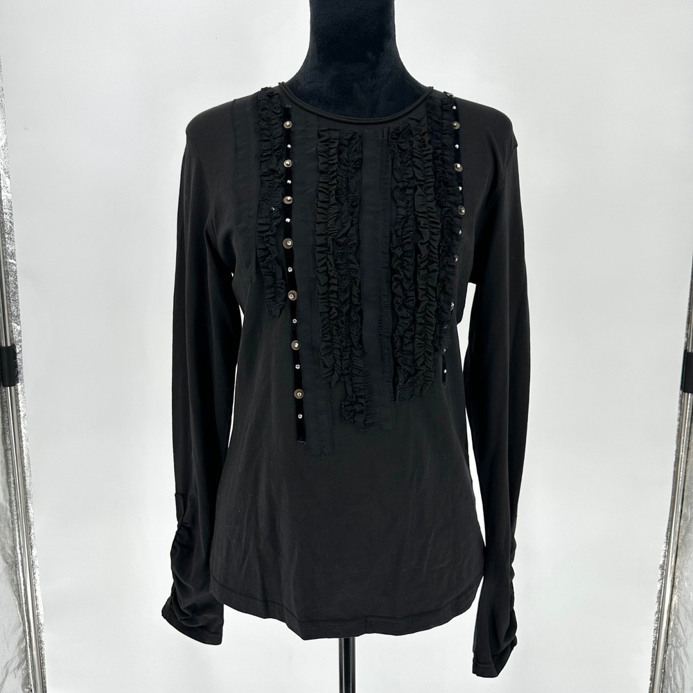 Double‎ D Ranch Rhinestone Velvet Trim Black Ruched Long Sleeve Tee Shirt Medium